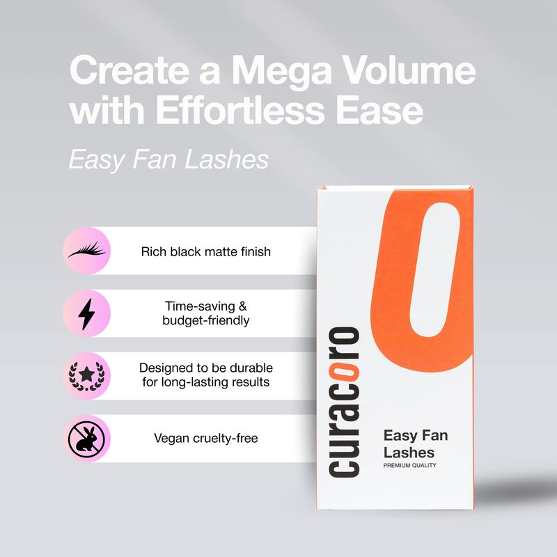 Curacoro Easy Fan Eyelash Extensions 0.07mm Thickness, D Curl, 9mm-16mm Length, Super Matte Black Volume Self Fanning Lash Extensions, Professional Supplies for Lash Techs