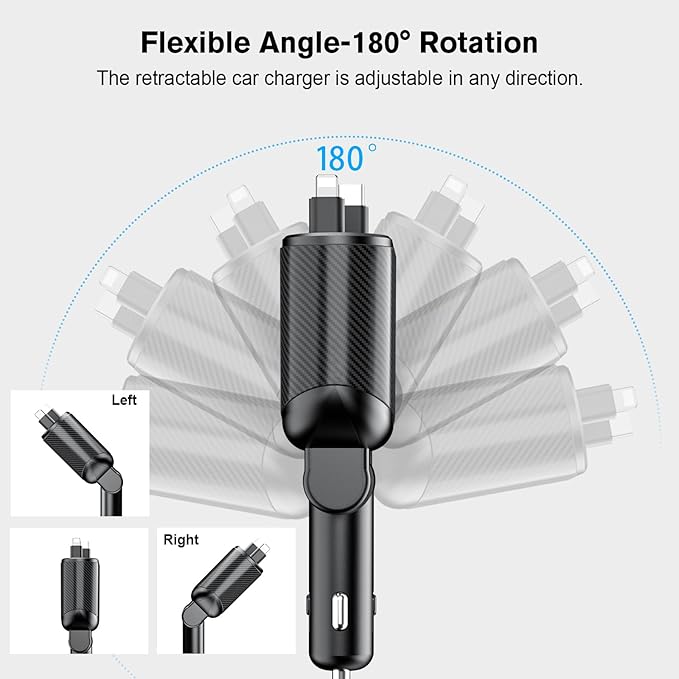 MAGJIEYX Retractable Car Charger, Fast Charging Adapter 62W Type-C/USB-i Cables and USB C/USB A QC & PD Ports for iPhone 17/16/15/14/13/12Pro Max Plus,iPad,AirPods, Galaxy