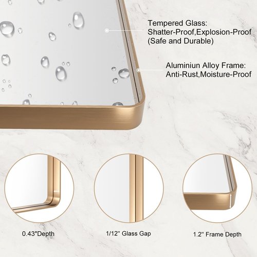 LOAAO Gold Bathroom Mirror - 40”X36” Rounded Rectangle Design | Brushed Gold Frame, Anti-Rust, Versatile Mounting