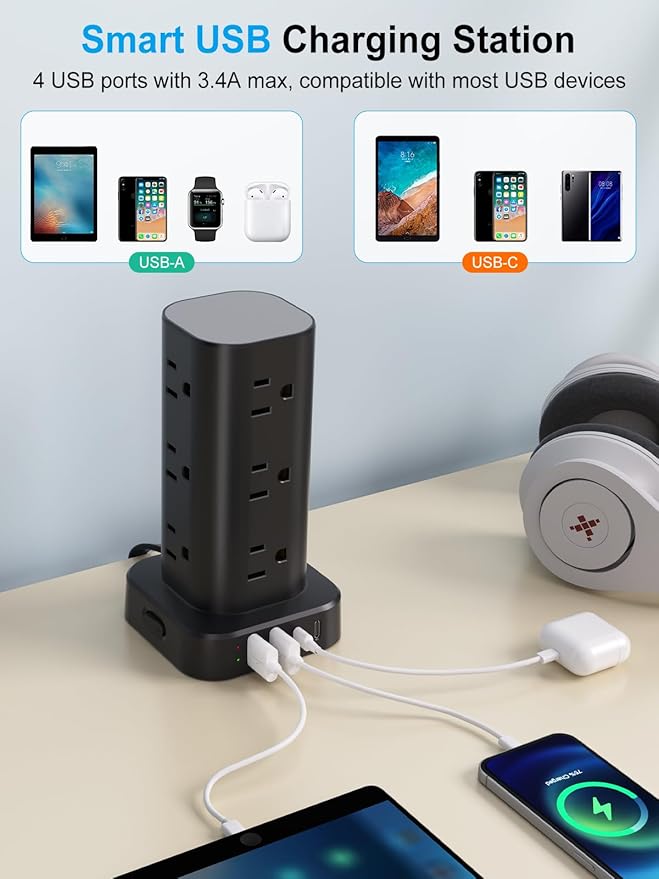 Power Strip Tower with Multiple Outlets, Flat Plug Surge Protector Tower Extension Cord with 12 AC Outlets 4 USB Ports (2 USB C), 10FT Cord Power Tower Surge Protector for Home Office Dorm Room, Black