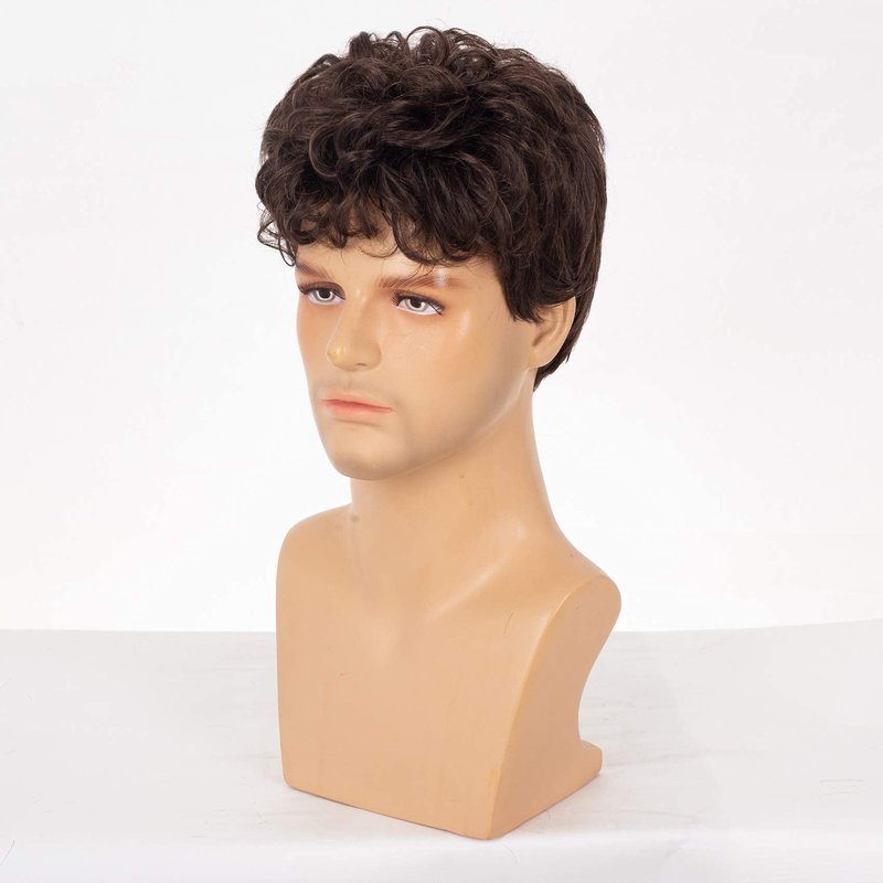 Swiking Men Brown Short Wigs Curly Fluffy Natural Synthetic Hair with Bangs Halloween Daily Full Wig for Male Guy