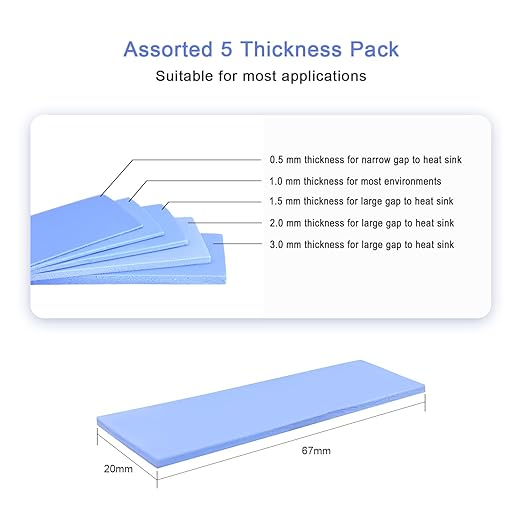 HASAYAKI 30 Pack Thermal Pads, 20×67 mm by 5 Thickness 0.5 | 1 | 1.5 | 2 | 3 mm, Thermal Conductivity 2.0 W/m.k, Self-Adhesive & Soft, Ideal for Repairing and Cooling Electronics