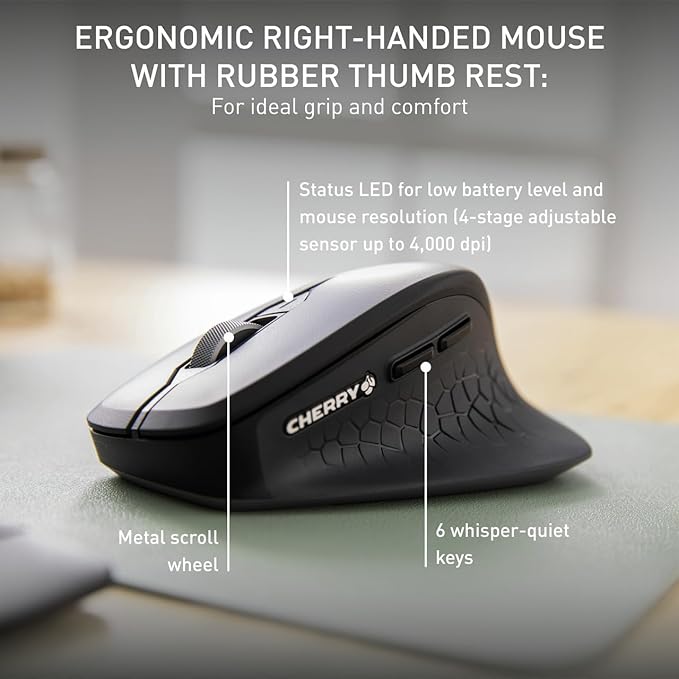 Cherry Stream Desktop Comfort, Wireless Keyboard and Mouse Combo, 2.4 GHz Connection, Whisper-Quiet Keys, Ergonomic Right-Handed Mouse, Battery-Powered, Black