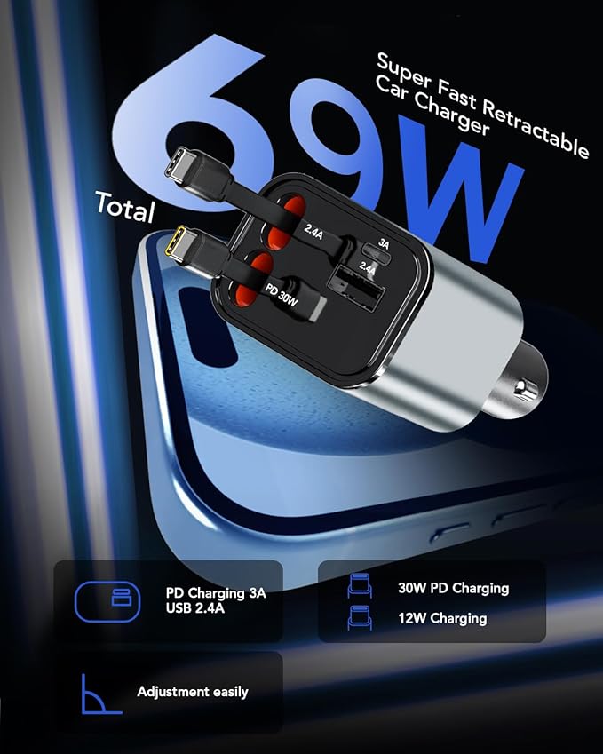 Retractable Car Charger,Car Phone Charger USB C Fast Charge,Cigarette Lighter USB Charger Car Accessories for Women,Road Trip Essentials Gift for Men,Car Charger for iPhone 17/16/15,Galaxy S26,Pixel