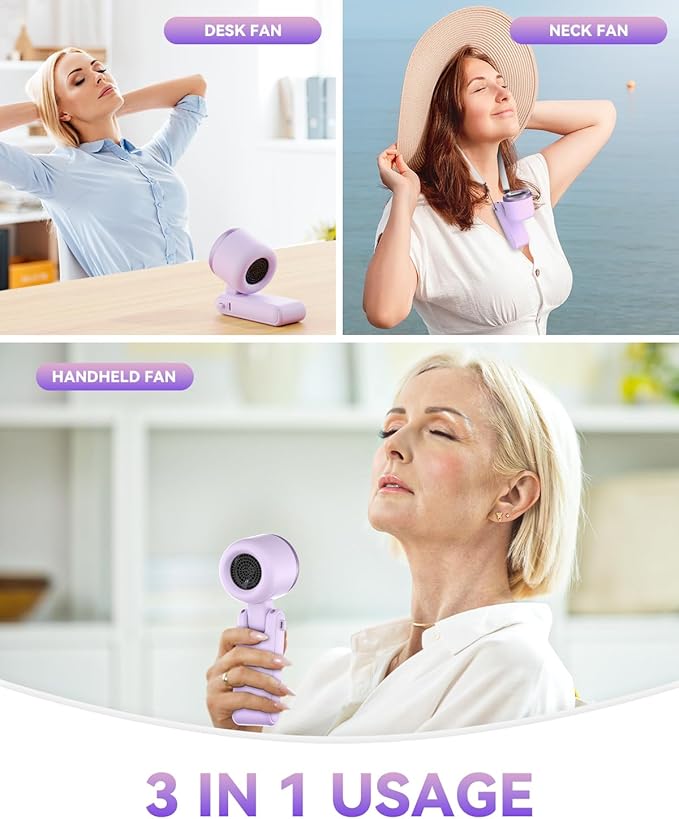 PlayHot Portable Handheld Turbo Fan, 5-Speed Personal Fan, USB-C Rechargeable Fan Up to 12 Hours, 3 IN 1 Hand Fan with Air Turbo Tech Cooling, Travel Fan for Cruise, Beach, Gifts for Women(Purple)