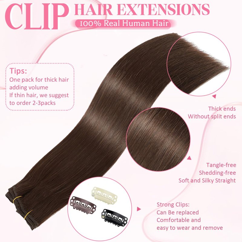Clip in Hair Extensions Real Human Hair Clip ins 100% Human Hair Extension for Women Clip in Extensions 8pcs Per Set with 18 Clips Double Weft (18 Inch 80g #4 Chocolate Brown)