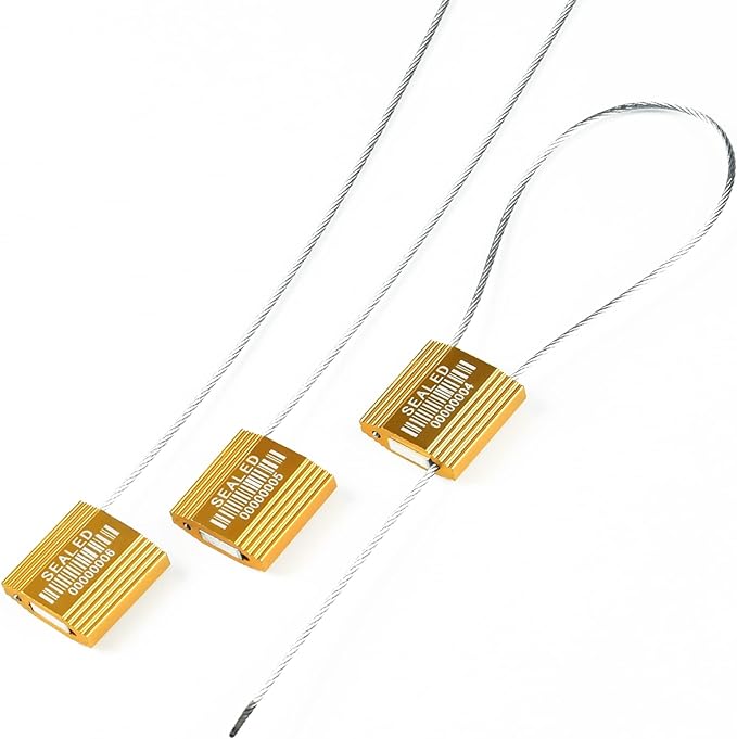 LeadSeals 100 Yellow Steel Cable Seals with Barcode, ISO 17712 Security Seals: Truck Seal, Anti-Tamper Pull Tite Tags, Self-Locking Safety Ties