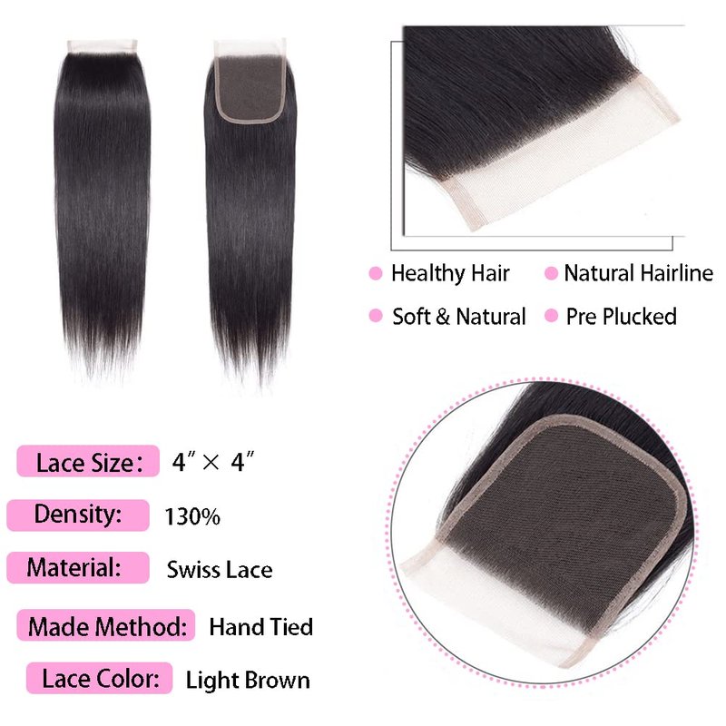 Straight Closure Human Hair straight lace closure 4x4 free part Transparent HD Lace Closure 100% Unprocessed Brazilian Human Virgin Hair 130% Density Natural Black Color 14 inch