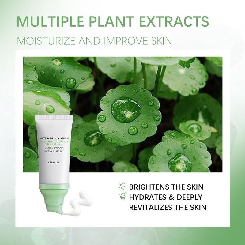 2 Pcs Centella Sunscreen, Centella Water-Fit Sun Serum SPF 50+ Light & Smooth Hyalu Cica Sunscreen