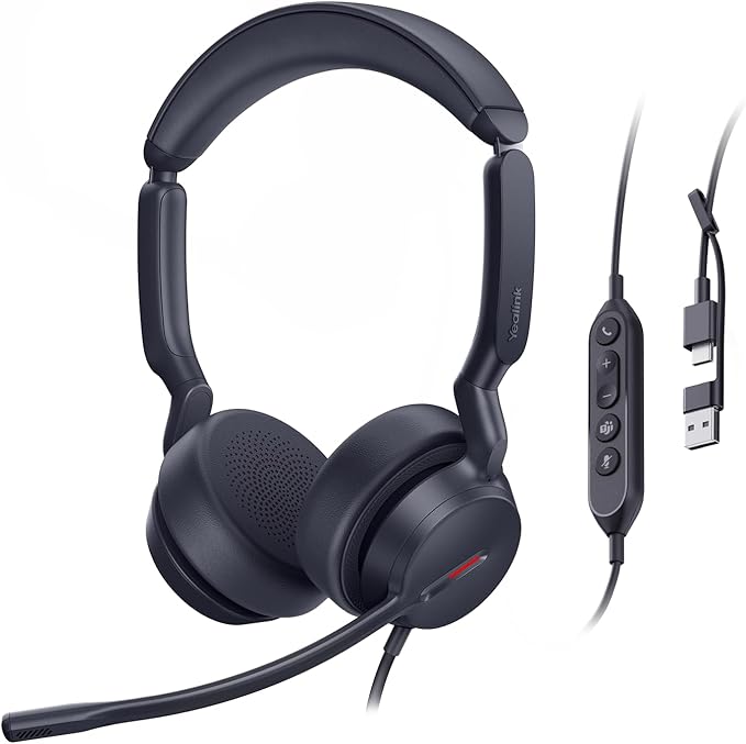 Yealink UH44 Teams Certified USB Wired Headset with 2 Noise Cancelling Mics,Computer Headset for PC,Laptop,Teams,Zoom,Call Center,Home Office,Inline Controls,Comfort Ear Cushions,USB-C/A,Busylight