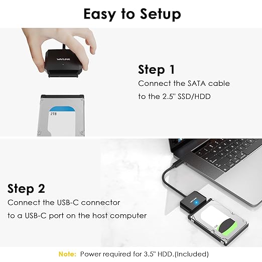 WAVLINK SATA to USB Type-C Hard Drive Cable, 5Gbps USB C to Sata Cable Support UASP, External Hard Drive SATAI/II/III Connector 2.5" SSD/HDD and 3.5" HDD up to 20TB, Power Adapter Included