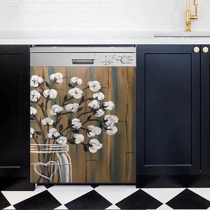 Bless Family Dishwasher Cover Floral Sticker Kitchen Decor,Cotton Bolls Painting Fridge Magnetic,Flower Vase Refrigerator Magnets Decal,Appliance Magnetic Panel 23"x17"