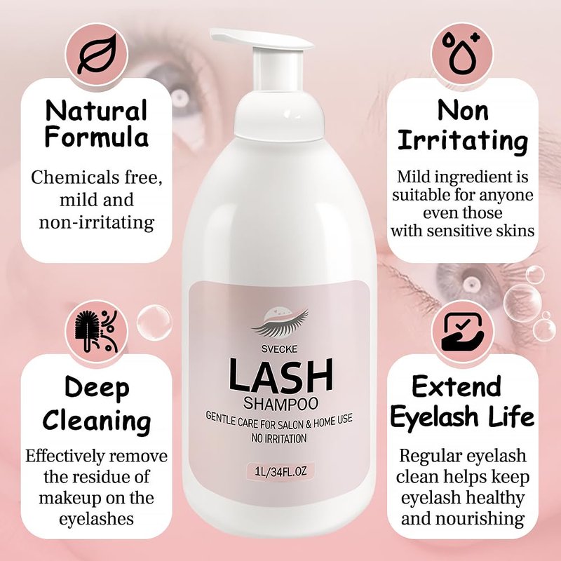 SVECKE Lash Shampoo 34fl.oz/1L, Eyelash Shampoo for Lash Extension, Eyelash Extension Cleanser, Lash Eyelid Foam Cleaning Kit for Salon Use and Home Use