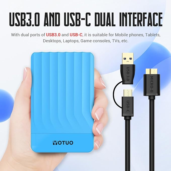 YOTUO 500GB External Hard Drive, Portable Storage Expansion HDD, USB 3.0 & USB-C for PC, Mac, Desktop, Laptop, Smartphone, PS4, Xbox One, Xbox 360, Office & Game, Blue