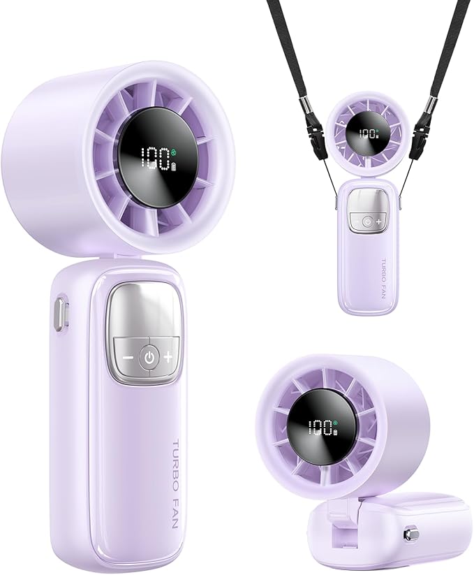 KIMMOO 3-in-1 Portable Handheld Turbo Fan-100 Speeds, 11000 RPM, 10Hrs Cooling, LED Display, 90° Rotation, Small Travel Fan, Mini Foldable Hand Held Personal Fan for Women Men (Purple)