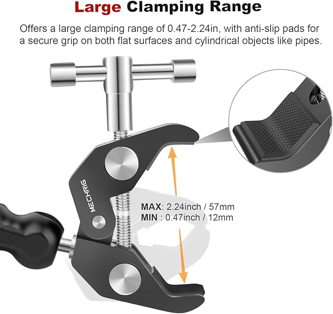 Mechrig Camera Clamp Mount with Dual Ballhead Magic Arm, Aluminum Camera Mount Super Clamp Kit for DSLR Action Camera/Phone/Monitor/LED Light/Microphone, for Desk/Tripod/Tube/Crossbar (SY001)