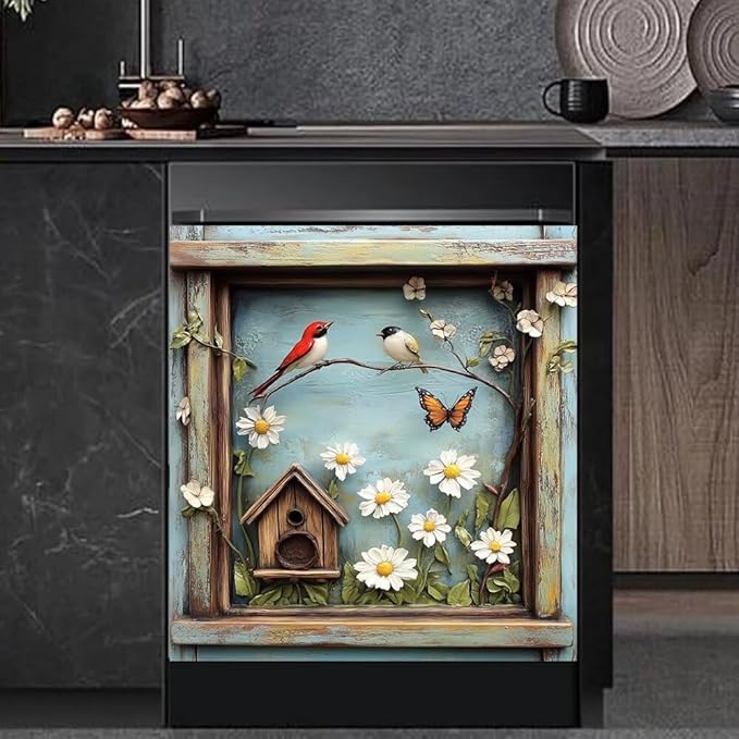 Kitchen Decor Dishwasher Magnet Cover Decal, Rustic Farm Floral Window Birds and Flowers, Magnetic Dish Washer Panel Door Vinyl Sticker, Refrigerator Magnets,Easy to Clean, 23 x 26 inch