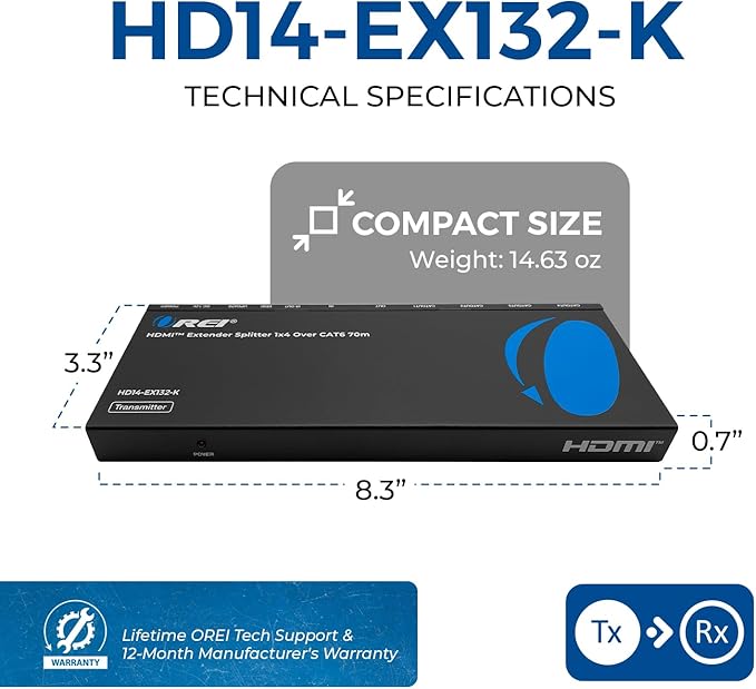 OREI 1080p 1×4 HDMI™ Extender Splitter (Loop) – HDCP 1.4, 230ft over Cat6/7, PoC, EDID Management, HDMI Loop-Out (HD14-EX132-K)