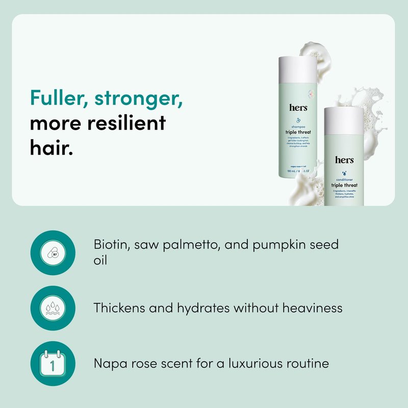 hers Triple Threat Shampoo & Conditioner Set - Biotin, Saw Palmetto, & Pumpkin Seed Oil Formula - Thickens & Hydrates - Color-Safe, Paraben-Free, Vegan - Napa Rose Scent - 6.4 Fl Oz, 2 Count