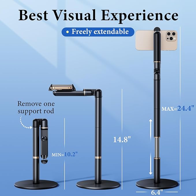 Nauttxon Angle Height Adjustable Phone Holder for Desk [10"-25"] - Retractable Cell Phone Holder for Video Recording Cooking Excising Working Reading -Aluminum iPhone 17 16 15 14 Pro Max Air Stand