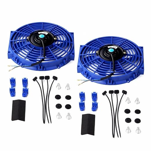 FSBCGT 2PCS 10 inch Slim Fan Push Pull Electric Radiator Cooling 12V 80W Mount Universal Kit Blue