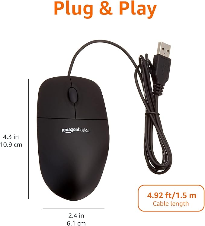 Amazon Basics 3-Button USB Wired Computer Mouse, Black, 30-Pack