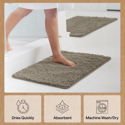GORILLA GRIP Bath Rug Mat 44x26, Thick Soft Absorbent Chenille, Quick Dry Microfiber Mats, Rubber Backing Washable Shower Floor Rugs, Bathmat Runner, US Designed Bathroom Home Decor Accessories Latte