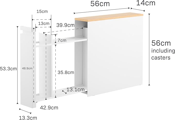 Yamazaki Home Pull-Out Bathroom Storage Cabinet – Slim Bathroom Storage Cabinet with Wood Top, Steel Organizer for Toilet Paper and Cleaning Supplies, Modern Space-Saving Design, White - Steel + Wood