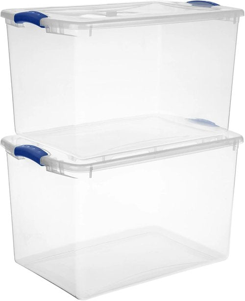 Clear Plastic Storage Bins by [Brand Name] - 66 Quart Durable Containers with Secure Blue Latch Lid | Stackable for Home & Garage Organization