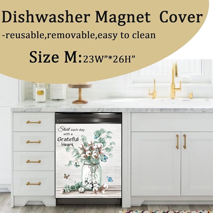 Generic Vase Cotton Flower Dishwasher Cover Magnet Kitchen Decorative,Rustic Kapok Floral Butterfly Wood Grain Refrigerator Magnets Decals,Inspiring Quotes Home Appliance Sticker,Magnetic 23x26