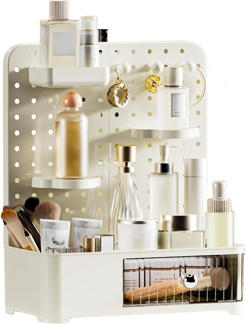 Makeup Organizer - Aesthetic Cosmetic Storage Rack with Adjustable Shelves & Drawer | Cream White