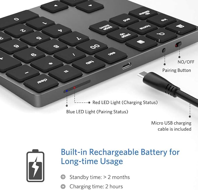 JOYEKY Bluetooth Number Pad, Aluminum Rechargeable Numeric Keypad Wireless 34-Keys Number Keyboard Shortcut Keypad Numpad Data Entry Compatible for iMac Windows