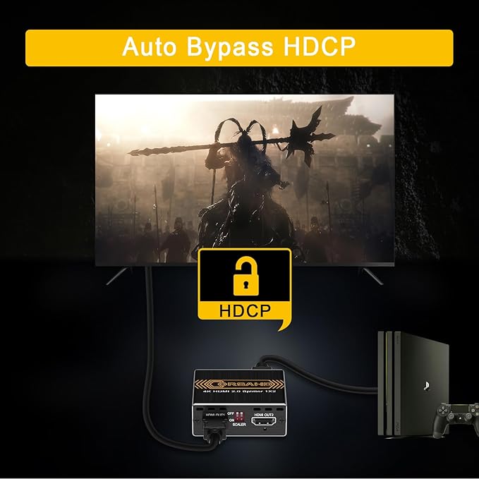 CORSAHD 4K@60Hz HDMI Splitter 1x2 4:4:4,18 Gbps,Supports Soundbar,HDCP Bypass,EDID,Duplicate/Mirror/Copy,Downscale, HDR,Dolby Vision Atmos,4K HDMI Splitter 1 in 2 Out for Dual Monitors