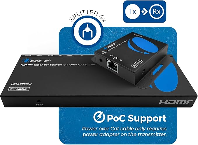 OREI 1080p 1×4 HDMI™ Extender Splitter (Loop) – HDCP 1.4, 230ft over Cat6/7, PoC, EDID Management, HDMI Loop-Out (HD14-EX132-K)
