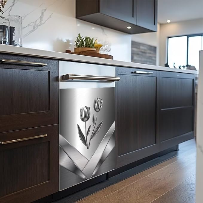 Stainless Steel Design Flower Pattern Magnetic Dishwasher Stickers Cover for Front Door,Refrigerator Magnetic Cover Kitchen Decorative,Home Appliance Vinyl Sticker 23W x 26H inchs