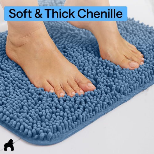 GORILLA GRIP Bath Rug Mat - Soft Absorbent Chenille | Quick-Dry Microfiber, 48x17, Blue