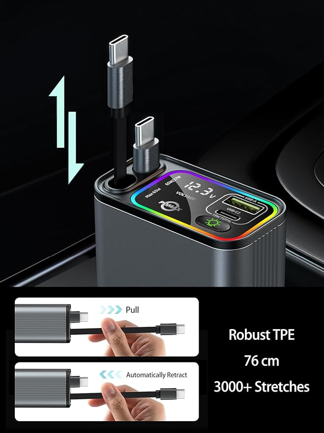 PDMAX Retractable Car Charger USB C,145W Type C Car Charger Fast Charging with Dual Retractable USB C Cable and USB Ports for iPhone 17/16/15,S25/24/23/22, Pixel 9/8/7(Build-in Dual Type C Cable)