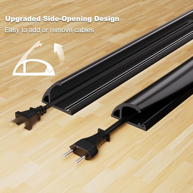 Kneelisa 4FT Side-Open Extension Cord Covers for Wires on Floor,Silicone Power Cable Protector Cord Hider Management Strip,Hide Electric Wire on Carpet,Chord Runner Protective Safety,Black