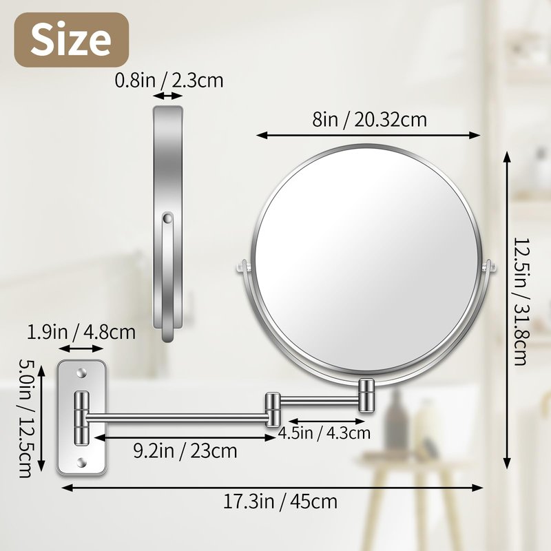 BTremary 8” Wall Mounted Magnifying Makeup Mirror 1X/7X Wall Mount Mirror Swing Arm Two-Sided 360° Swivel Bathroom Shaving Mirror for Men and Women in Hotel/Home, Chrome