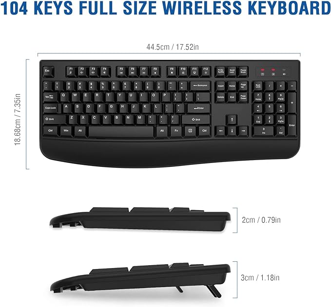 EDJO Wireless Keyboard, 2.4G Ergonomic Full Size Wireless Computer Keyboard with Wrist Rest for Windows, Mac OS Desktop/Laptop/PC（Gray）