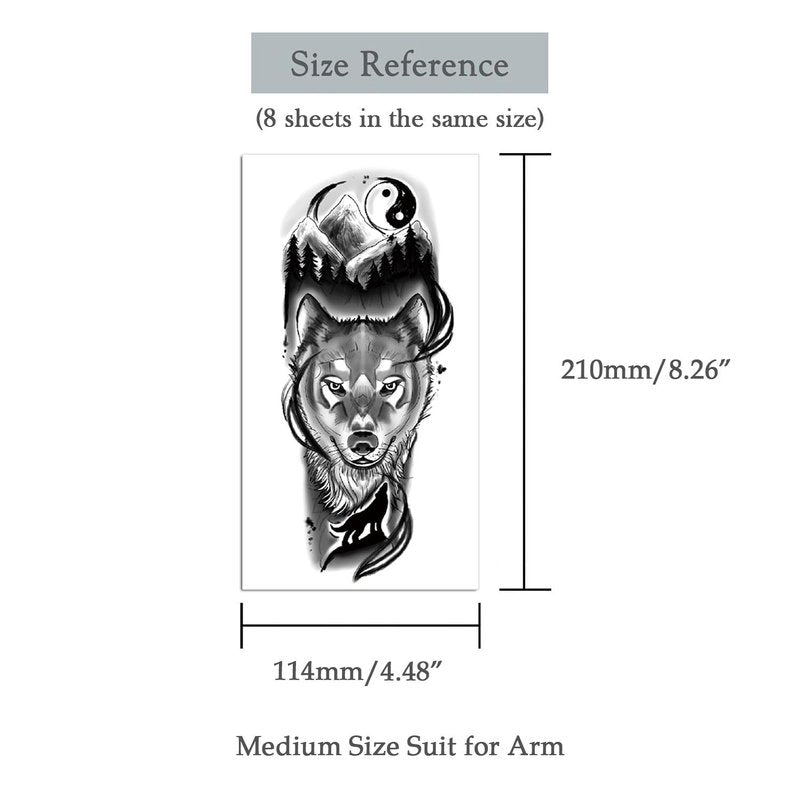 Oottati 8 Sheets Wolf Taichi Totem Skull Moon Forest Flower Arm Leg Temporary Tattoo