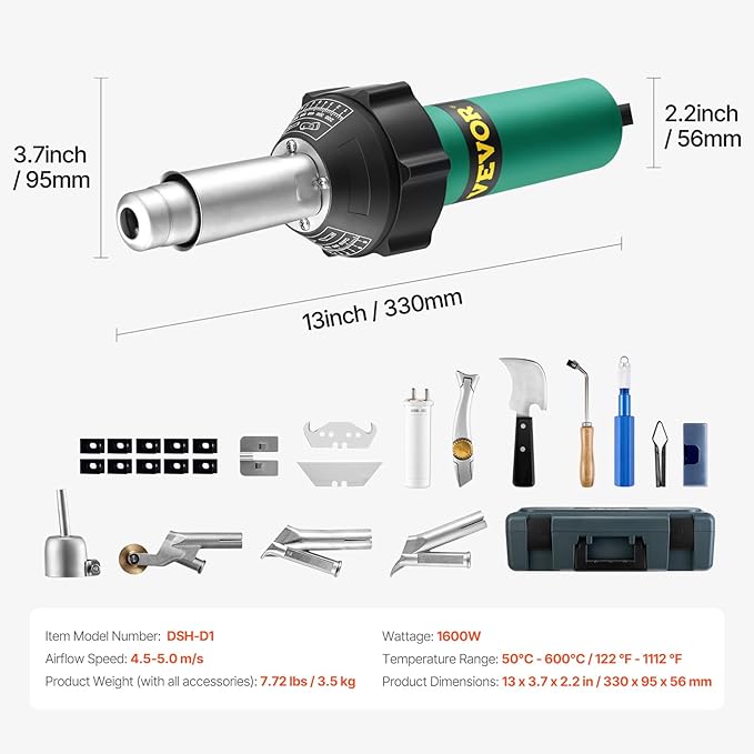 VEVOR Hot Air Plastic Welder, 1600W Hot Air Torch Pistol, 122-1112℉ PVC TPO Vinyl Heat Gun Welding Torch, Plastic Roofing Welding Kit with 14 Accessories- Toolbox, Nozzle, Roller, Blades for PP/PE/PVC