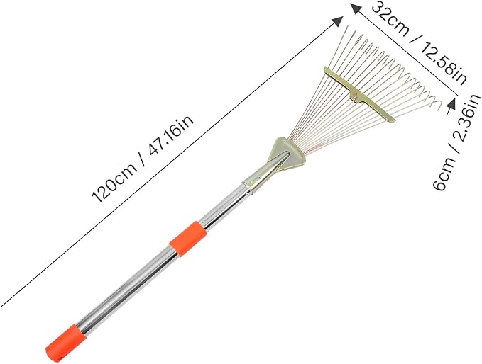 TIDTALEO Retractable Leaf Rake with 18 Stainless Steel Teeth, 80cm Telescopic Handle Lawn Tool for Garden and Yard Cleaning, Heavy Duty Small Lawn Rake for Leaves and Grass