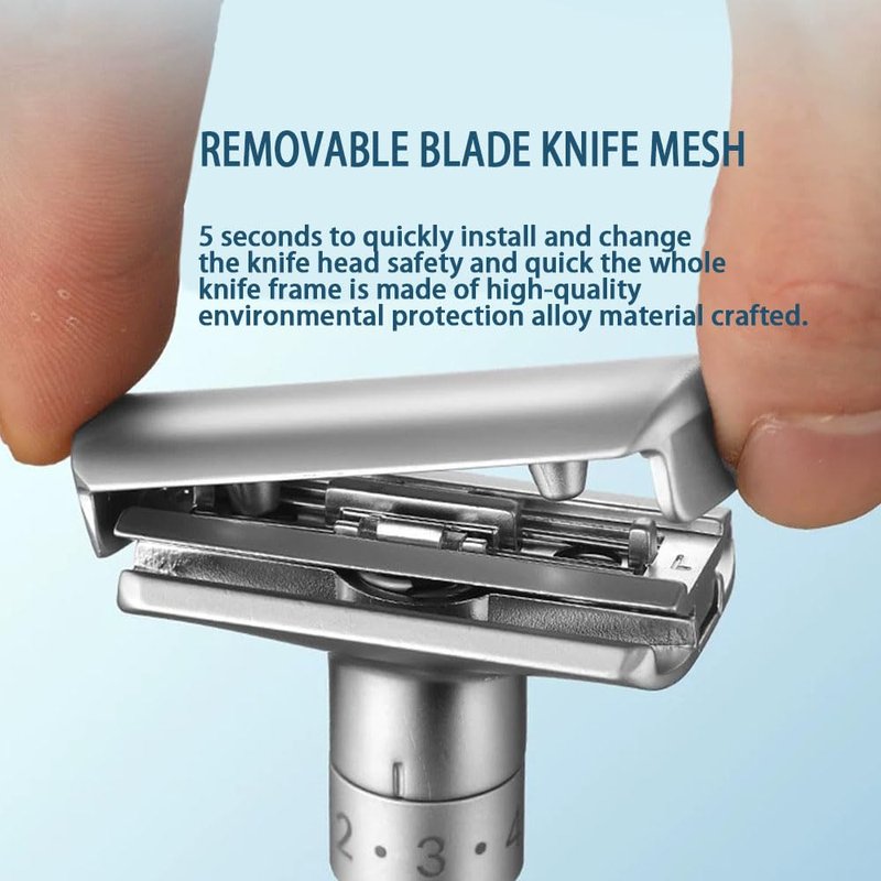 6-speed adjustable dual-blade safety razor with 10 platinum-coated stainless steel blades. Includes optional stand. Comes with complimentary travel pouch. (Black + base + holster)