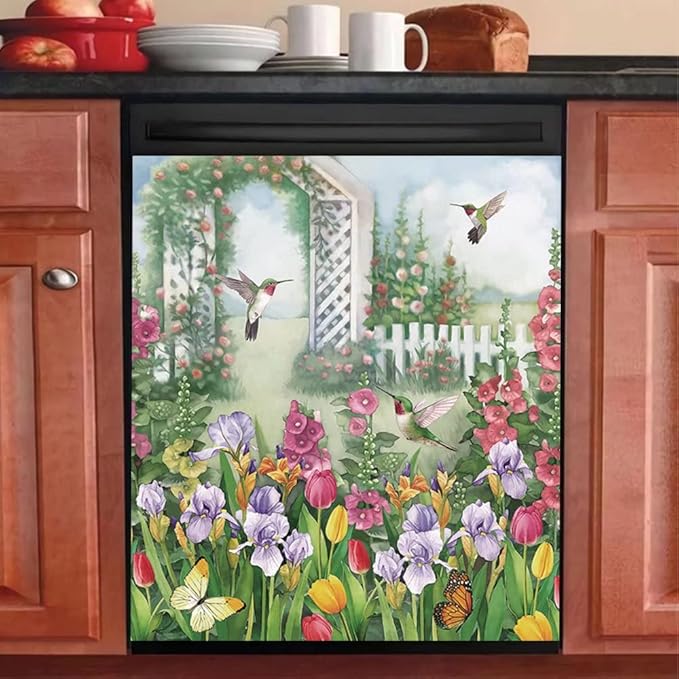Garden Flower Cover Dishwasher Magnet Door Sticker,Spring Floral Refrigerator Magnetic Bird Fridge Decal Kitchen Decorative Vinyl Panel Home Appliance Magnets 23"x26"