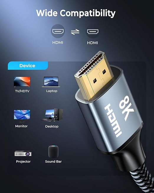 CABNEER 8K HDMI Cable 1 ft, 48Gbps High Speed HDMI 2.1 Cable, HDMI Cord 8K@60Hz 4K@120Hz Support for HDR eARC HDCP 2.2&2.3, HDMI Cable 2.1 Compatible with HDTV, Laptop, Monitor, PC