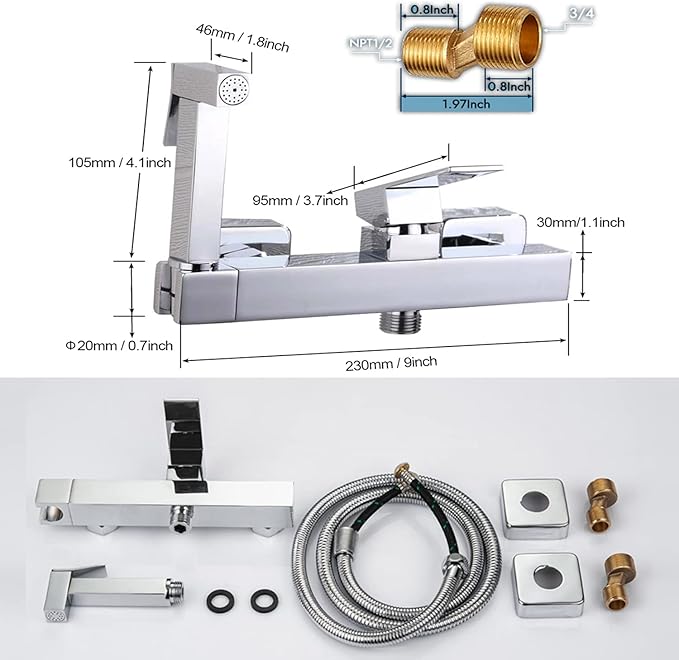 Bidet Sprayer for Toilet, Toilet Concealed Hot and Cold Mixing Brass Handheld Bidet Toilet Sprayer Wall Mount Diaper Douche Shattaf Kit for Bathroom Cleaning, Polished Chrome