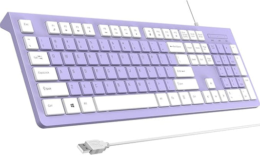 COLIKES Wired Keyboard, Ultra-Thin USB Wired Computer Keyboard, Low-Profile Keys, Spill-Resistant, Multimedia Keys, Compatible with Windows, Mac, Chrome, Linux, and Android-Purple