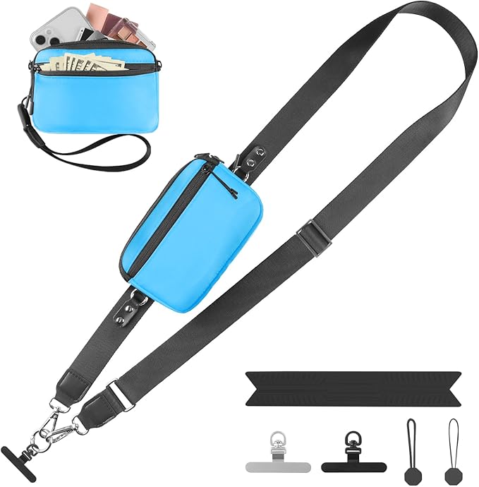 YFWE Clip and Go Strap for Phone with Wallet Crossbody, Adjustable Phone Lanyard with Detachable RFID Wristlet Wallet & Ultra-Thin 360° Rotatable Metal Tabs for All Smartphones (Blue)