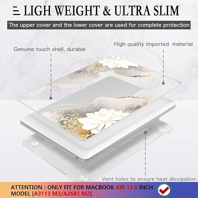 CISSOOK for MacBook Air 13.6 inch Case 2026 2025 2024 2023 2022 Release Model A3449 A3240 A3113 A2681, Lotus Hard Shell Case Keyboard Cover for MacBook Air 13 M2 M3 M4 M5 Chip, Charming Painting